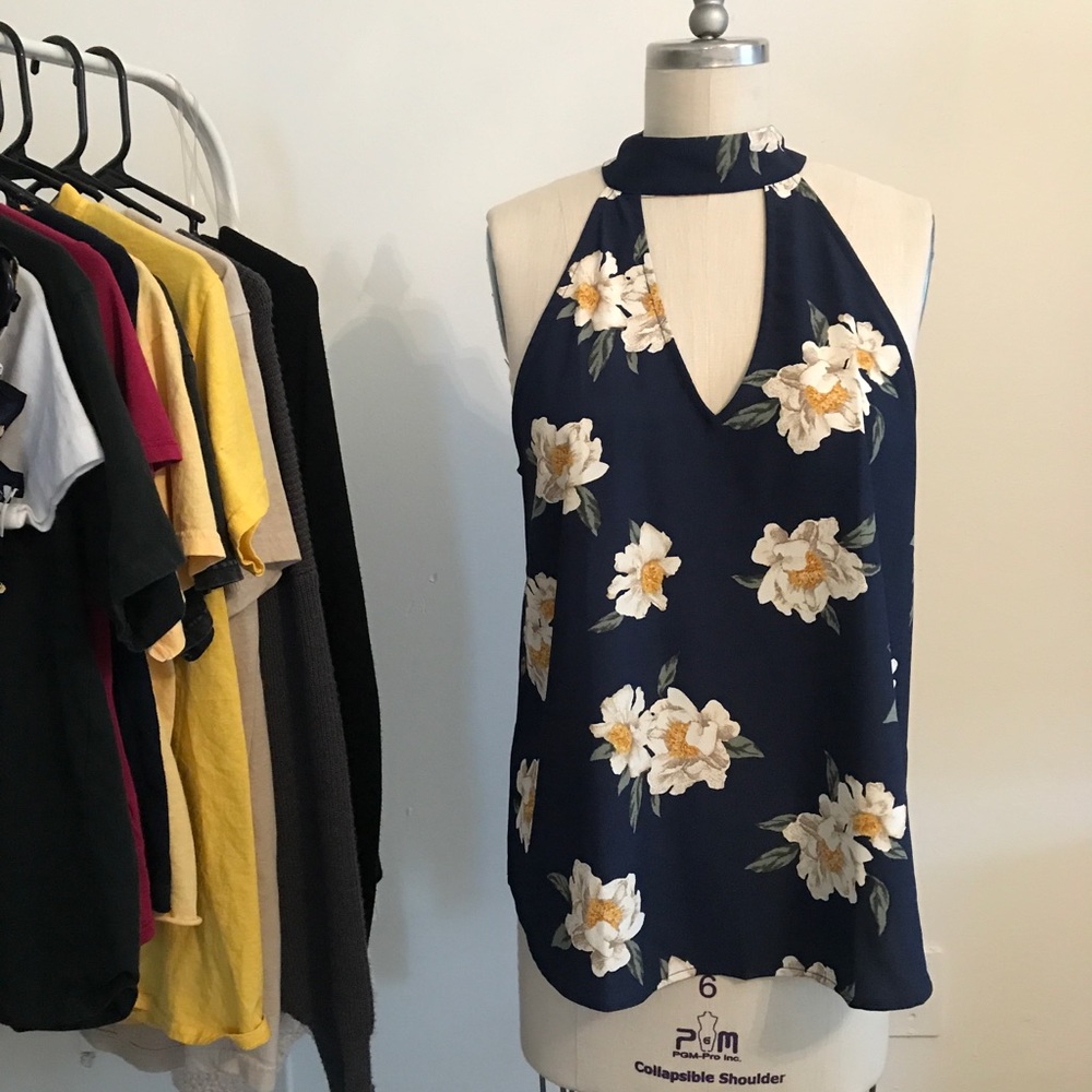 Navy High Neck Floral Blouse